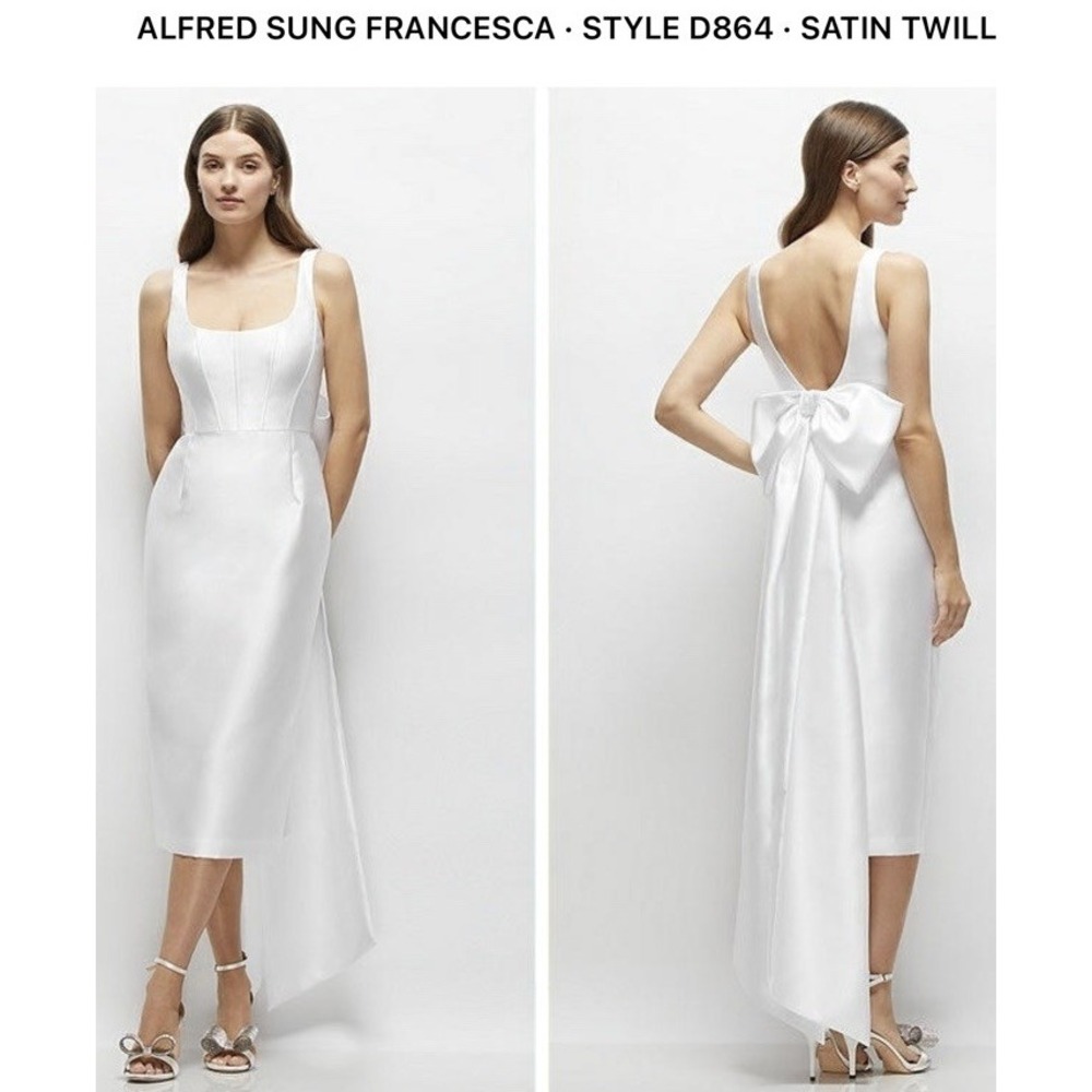 Alfred Sung Sz 12R Scoop Neck Corset Satin Midi Dress With Floor-Length Bow NWT